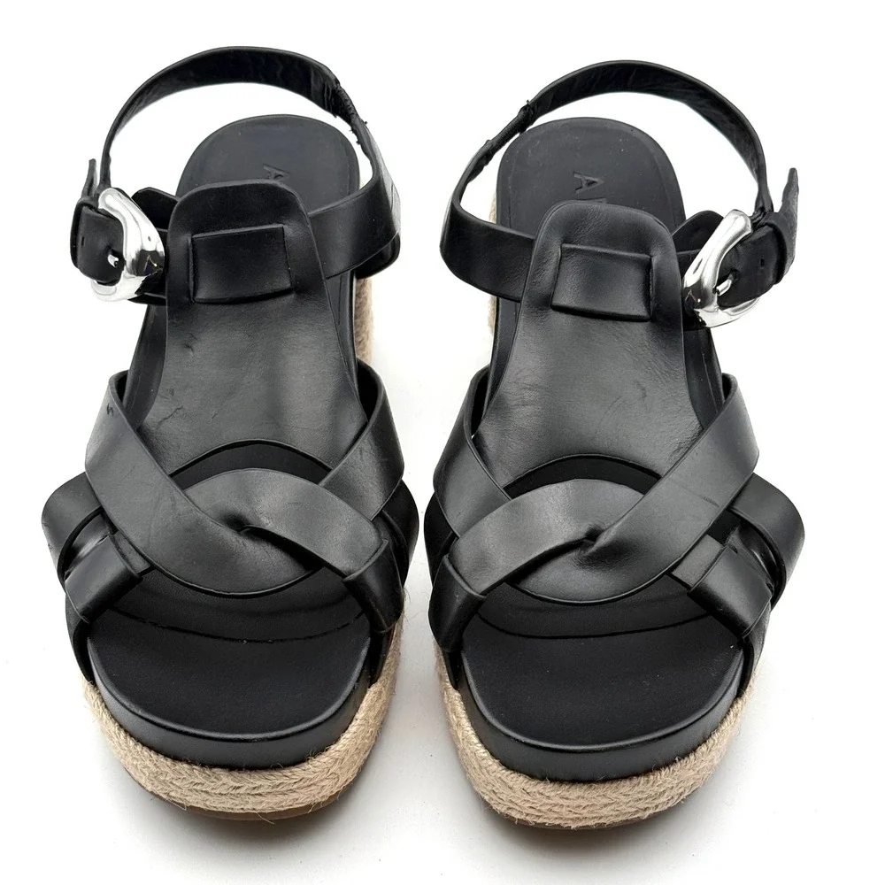 Aerosoles Chatham Wedge Sandals Womens 9.5 Black Leather Espadrille Platform